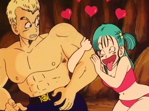 1boy 1girl 80s animated animated_gif belt blonde_hair breasts bulma cave cleavage commander_blue dragon_ball female heart muscle naughty_face oldschool panties pink_panties short_hair smile tongue tongue_out underwear