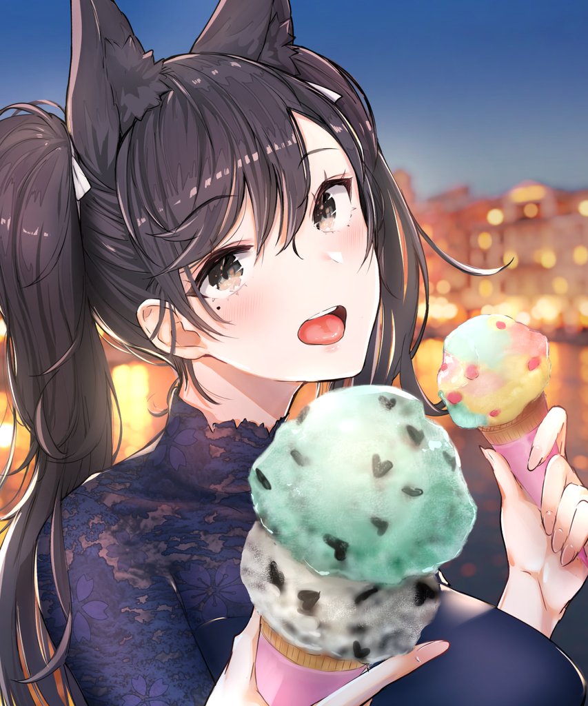 1girl :d animal_ears atago_(azur_lane) azur_lane bangs black_hair blurry blurry_background blush breasts brown_eyes commentary dress dusk extra_ears eyebrows_visible_through_hair food giving hair_ribbon holding holding_food ice_cream ice_cream_cone large_breasts long_hair looking_at_viewer mappaninatta mole mole_under_eye open_mouth outdoors pov purple_dress ribbon smile solo swept_bangs twintails white_ribbon