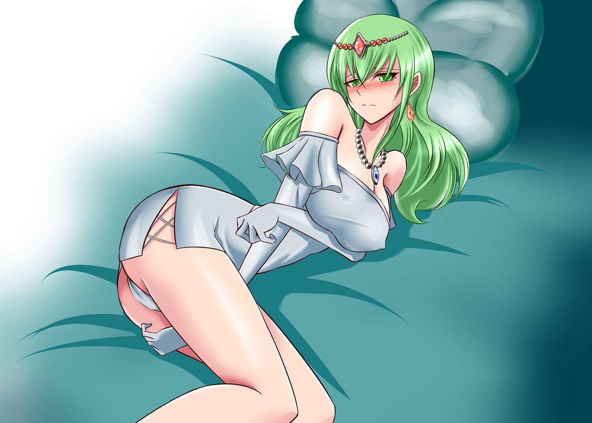 1girl bed blush breasts dress erect_nipples fairy_tail gloves green_eyes green_hair hisui_e._fiore large_breasts panties underwear