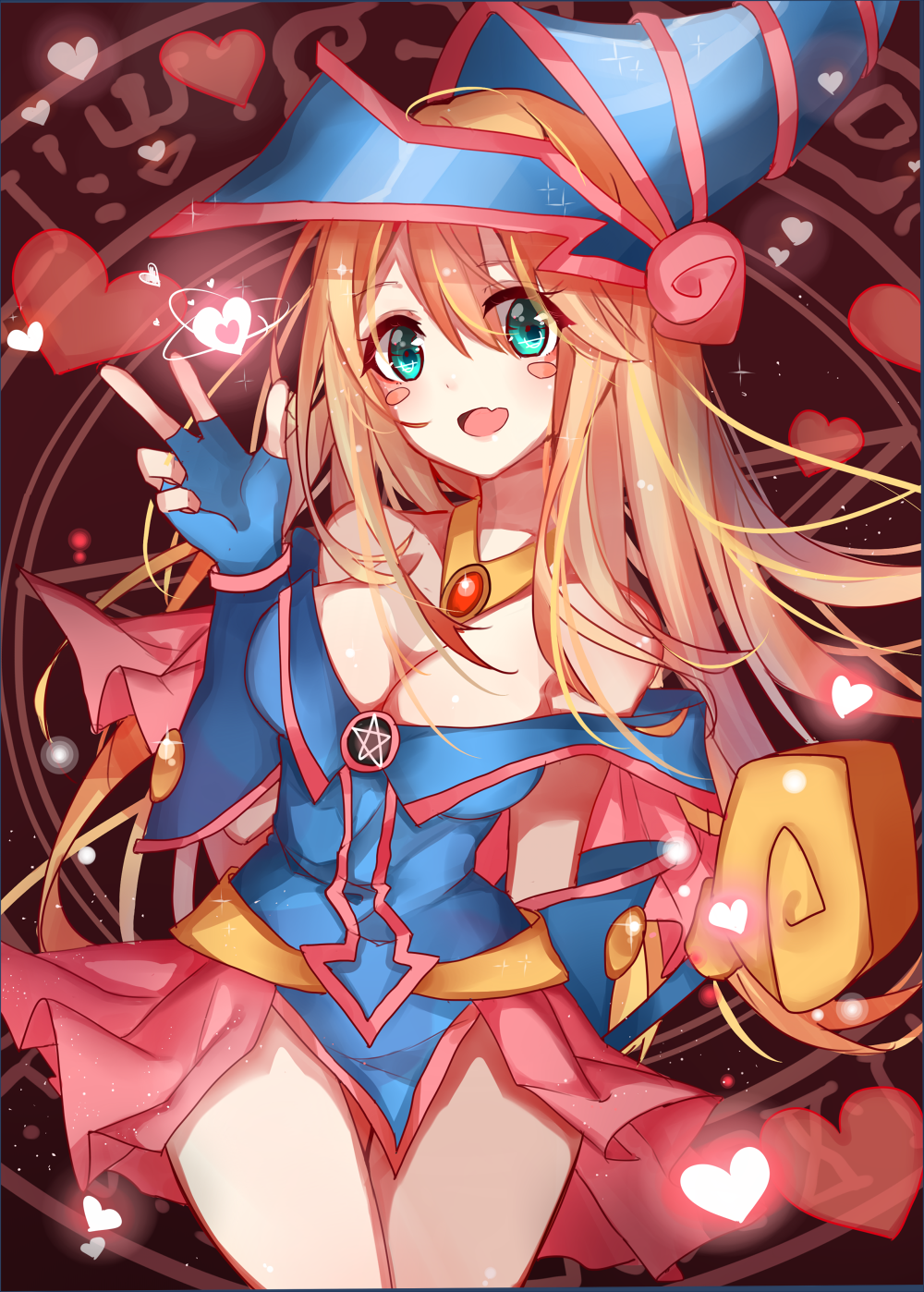 1girl :d akira_(ying) bare_shoulders blonde_hair blush blush_stickers breasts choker cleavage dark_magician_girl detached_sleeves duel_monster female gauntlets green_eyes hat highres jewelry large_breasts legs long_hair looking_at_viewer open_mouth pentacle pentagram skirt smile solo staff star v wand wizard_hat yu-gi-oh! yuu-gi-ou_duel_monsters
