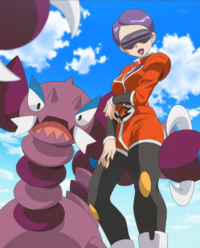 1girl correa_(pokemon) drapion female looking_at_viewer monster nintendo pokemon pokemon_(anime) purple_hair screencap short_hair sky solo team_flare