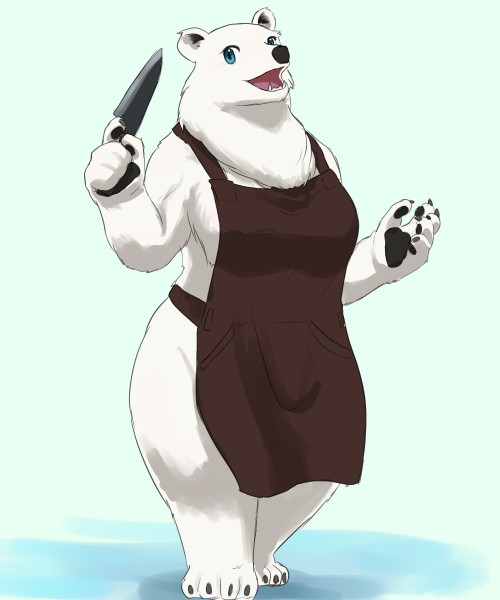 1girl artist_request bear blue_eyes copyright_request furry knife polar_bear simple_background solo