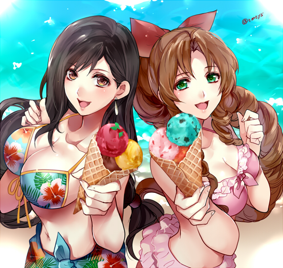 2girls aerith_gainsborough back-to-back bikini black_hair bow breasts brown_eyes brown_hair cleavage curly_hair earrings feet_out_of_frame female final_fantasy final_fantasy_vii food green_eyes hair_bow holding holding_food holding_ice_cream holding_ice_cream_cone ice_cream ice_cream_cone jewelry large_breasts long_hair looking_at_viewer multiple_girls navel open_mouth pink_bikini pink_swimsuit print_bikini print_swimsuit smile stomach swimsuit tama_(tmfy5) tifa_lockhart water