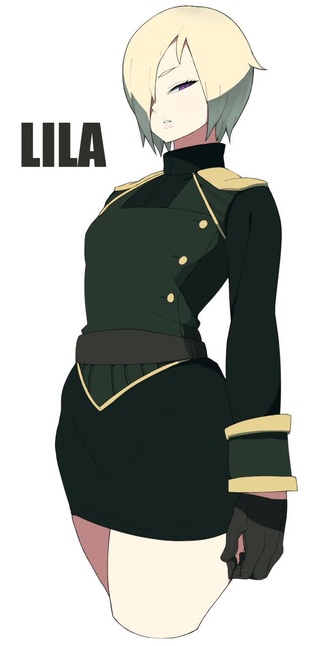 1girl accho_(macchonburike) belt blonde_hair breasts buttons cowboy_shot female frown gloves hair_over_one_eye looking_at_viewer miniskirt original parted_lips pose short_hair simple_background skirt small_breasts solo uniform violet_eyes wide_hips