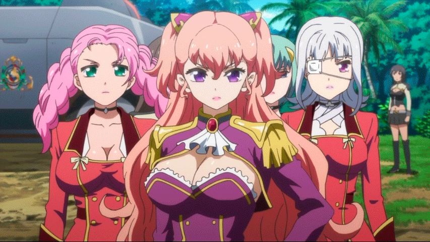 6+girls ange_(valkyrie_drive) animated animated_gif bouncing_breasts breasts charlotte_scherzen cleavage cleavage_cutout eyepatch large_breasts long_hair marianne_(valkyrie_drive) monroe_(valkyrie_drive) multiple_girls nail_polish pink_hair uniform valkyrie_drive valkyrie_drive_-mermaid- violet_eyes