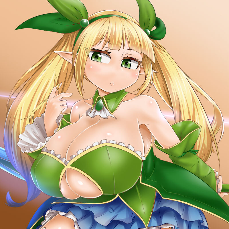 1girl bare_shoulders blonde_hair bra breasts bursting_breasts collarbone detached_sleeves female gradient gradient_background green_eyes hair_ornament hairband huge_breasts long_hair long_twintails pointy_ears roah sennen_sensou_aigis shiny shiny_skin simple_background skirt solo spica_(sennen_sensou_aigis) twintails under_boob underwear