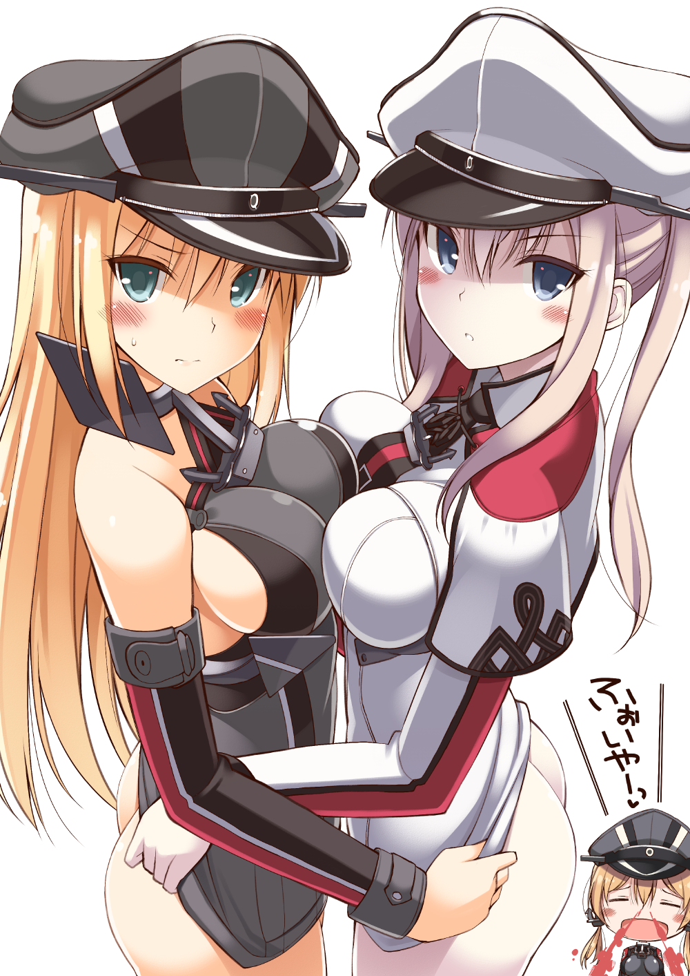 3girls anchor ass bare_shoulders bismarck_(kantai_collection) blonde_hair blood blue_eyes blush bottomless breast_press breasts capelet celtic_knot closed_eyes detached_sleeves eyebrows eyebrows_visible_through_hair eyes gloves graf_zeppelin_(kantai_collection) hat highres kantai_collection large_breasts long_hair looking_at_viewer military military_hat military_uniform multiple_girls no_legwear nosebleed oota_yuuichi open_mouth pale_skin parted_lips peaked_cap prinz_eugen_(kantai_collection) shirt_pull sidelocks simple_background smile standing sweatdrop symmetrical_docking translated twintails uniform white_background white_gloves