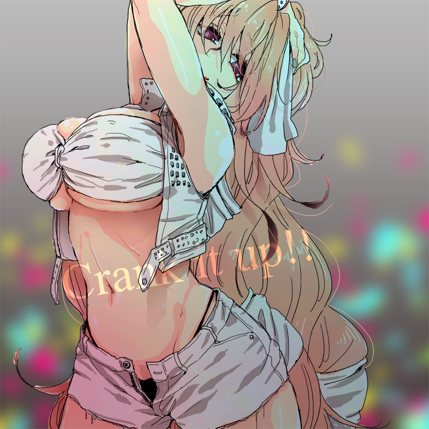 1girl aoi_kimi arched_back arms_up black_panties blonde_hair blue_eyes blurry bokeh bracelet breasts brown_hair cleavage curvy dancing depth_of_field female hair_ribbon hands_in_hair hjm huge_breasts jewelry kyoukaisenjou_no_horizon large_breasts long_hair looking_at_viewer mary_stuart micro_panties midriff navel open_clothes open_fly open_vest panties pantyshot pantyshot_(standing) ribbon short_shorts shorts sleeveless smile solo standing strapless tubetop under_boob underwear unzipped very_long_hair vest violet_eyes white_background wide_hips