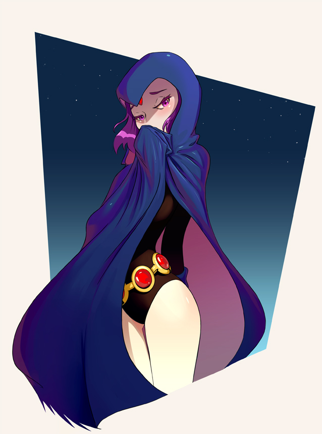 1girl arm_behind_back belt blush cloak covering_mouth dc_comics facial_mark forehead_mark hood leotard looking_at_viewer pale_skin purple_hair raven_(dc) sane-person shiny shiny_skin solo star_(sky) starry_sky teen_titans upper_body violet_eyes