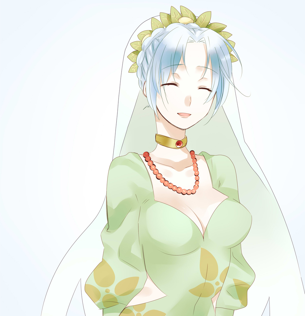 1girl blue_hair braid breasts choker cleavage closed_eyes dress grune_(tales) jewelry necklace open_mouth short_hair tales_of_(series) tales_of_legendia veil