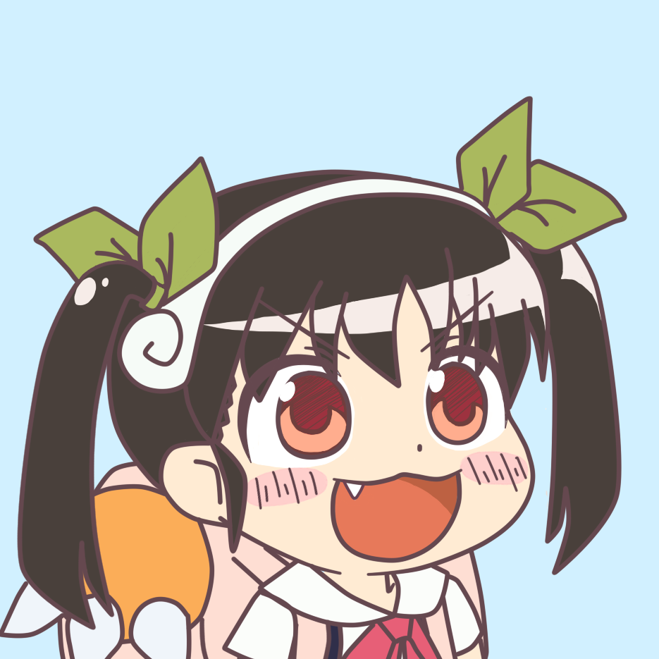 1girl artist_request bag bangs black_hair blue_background blush blush_stickers bow bowtie chibi collared_shirt fang green_bow gyate_gyate hachikuji_mayoi hair_bow hair_ornament hairband happy looking_to_the_side monogatari_(series) open_mouth pink_bow portrait raised_eyebrow red_eyes shirt short_sleeves short_twintails sidelocks simple_background smile solo twintails white_shirt
