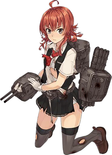1girl ahoge arashi_(kantai_collection) cannon damaged full_body gloves grey_eyes grey_legwear gun holding holding_gun holding_weapon kantai_collection kneeling konishi_(koconatu) loafers machinery official_art panties pleated_skirt redhead school_uniform searchlight shoes simple_background skirt solo thigh-highs transparent_background turret underwear vest weapon white_background white_gloves white_panties