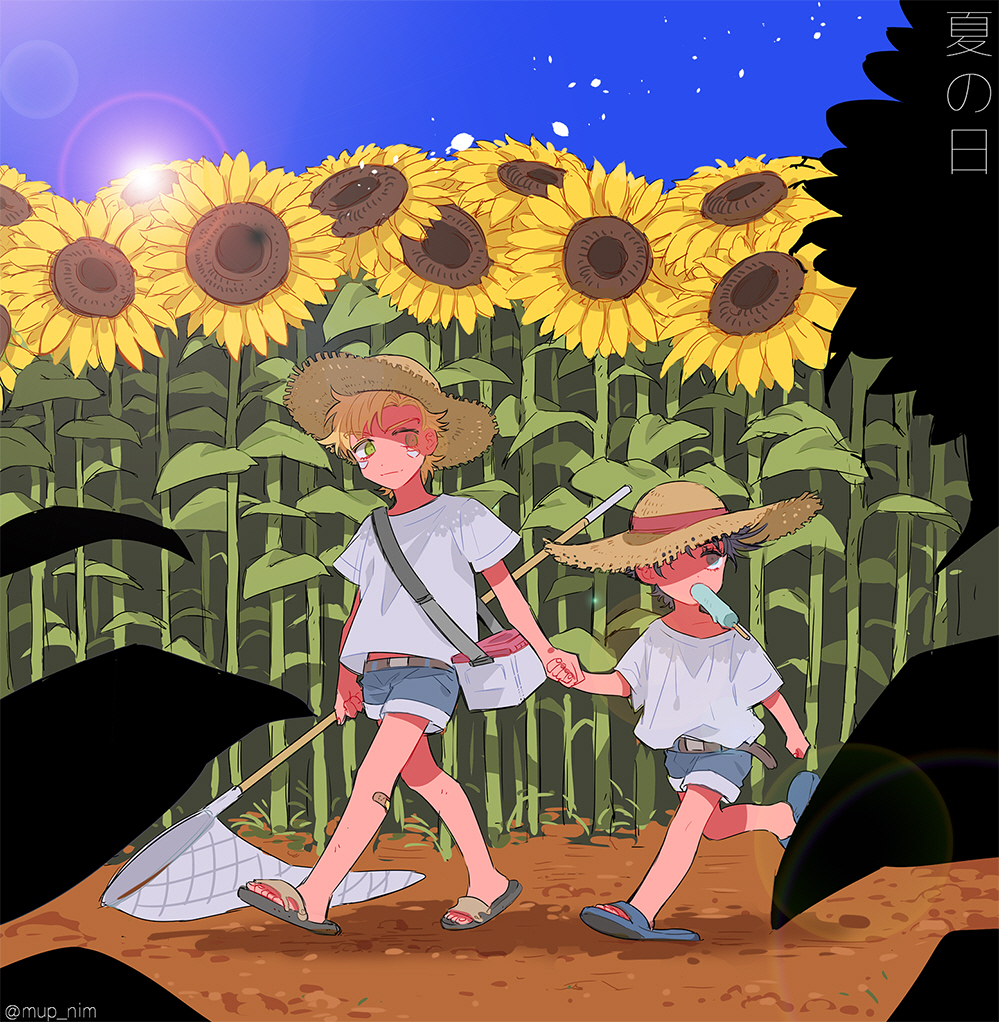 2boys bandaid_on_leg black_hair blonde_hair blue_sky box caesar_anthonio_zeppeli child facial_mark field flip-flops flower flower_field food_in_mouth green_eyes hand_holding hand_net hat jojo_no_kimyou_na_bouken joseph_joestar_(young) lens_flare male_focus mapi_(mup1228) mouth_hold multiple_boys popsicle sandals shade sky sun_hat sunflower twitter_username younger