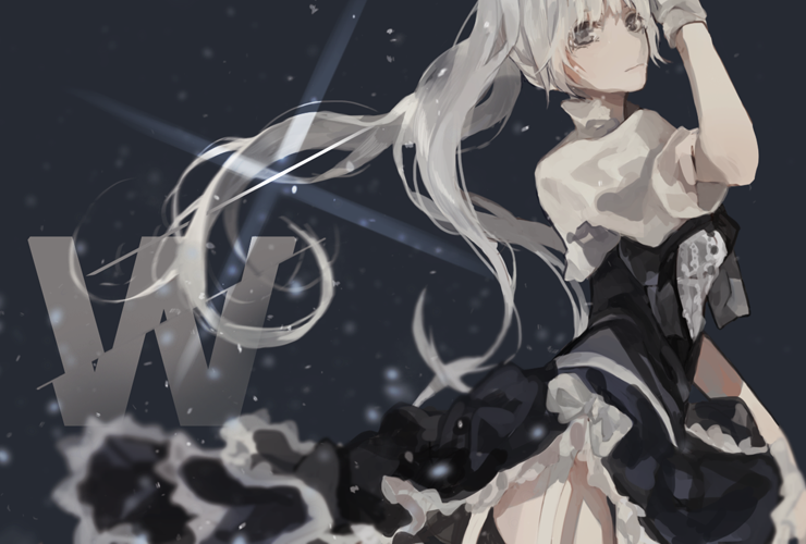 1girl bangs blurry bow closed_mouth floating_hair frown gloves long_hair ponytail rwby side_ponytail silver_hair solo tanshi_shou text very_long_hair weiss_schnee white_bow white_hair