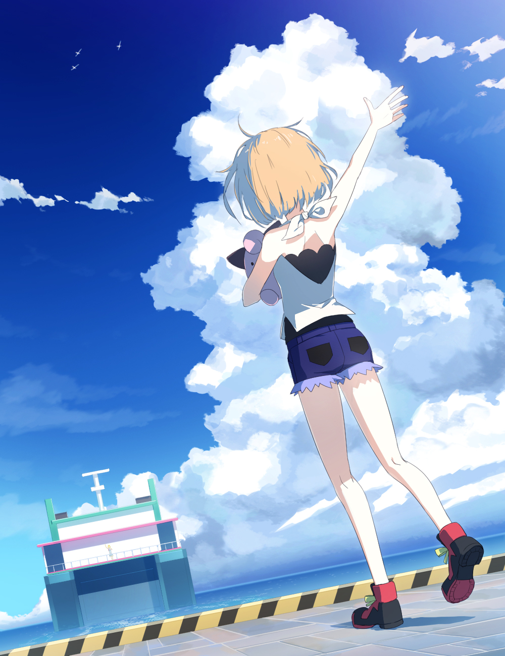 2girls arm_up back bare_legs bare_shoulders blonde_hair blue_sky boat bob_cut clefairy clouds cutoffs dutch_angle female_protagonist_(pokemon_sm) highres kneepits leg_up lillie_(pokemon) multiple_girls ocean pocket pokemon pokemon_(creature) pokemon_(game) pokemon_sm rupinesu shoes short_hair shorts sky sneakers standing standing_on_one_leg stuffed_toy tank_top water watercraft waving wingull