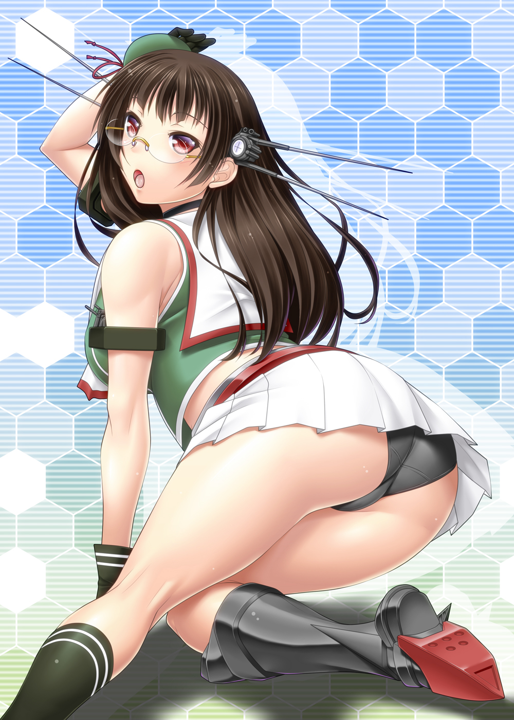 1girl ass ayato bare_shoulders black_panties boots breasts brown_hair choukai_(kantai_collection) female from_behind glasses headgear highres kantai_collection kneeling long_hair looking_at_viewer looking_back midriff miniskirt open_mouth panties red_eyes shirt skirt socks solo thighs underwear upskirt