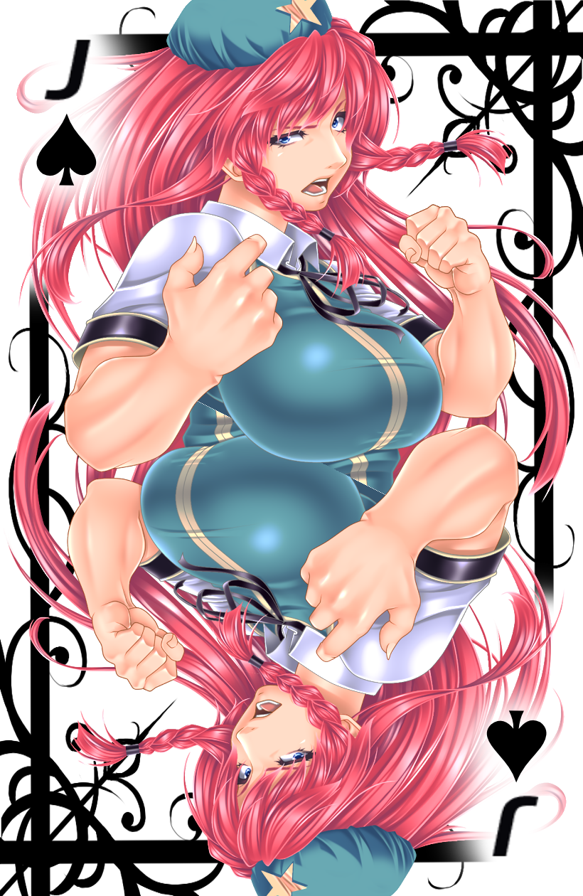 1girl blue_eyes braid breasts card card_(medium) clenched_hand female fighting_stance hat highres hong_meiling large_breasts long_hair looking_at_viewer open_mouth playing_card redhead solo spades_(playing_card) star touhou twin_braids upper_body yoiti