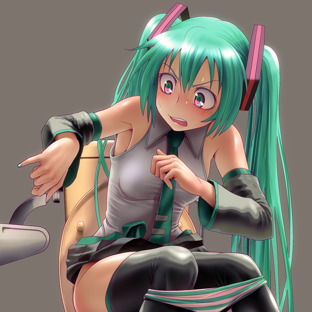 1girl aqua_eyes aqua_hair armpits black_legwear blush breasts commentary detached_sleeves fingernails grey_background hatsune_miku long_hair multicolored_eyes nail_polish necktie no_toilet_paper open_mouth panties panty_pull pink_eyes simple_background sitting small_breasts solo striped striped_panties sweat thigh-highs toilet toilet_use twintails underwear very_long_hair vocaloid wokada