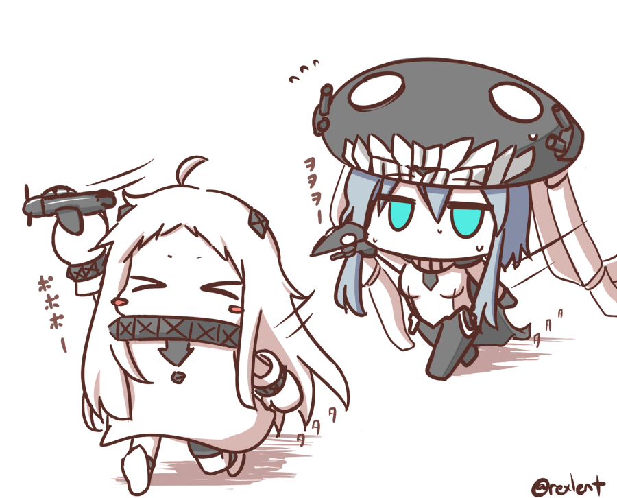 &gt;_&lt; 2girls ahoge airplane aqua_eyes cape chibi closed_eyes covered_mouth dress enemy_aircraft_(kantai_collection) headgear holding horns kantai_collection long_hair mittens multiple_girls northern_ocean_hime rexlent running shinkaisei-kan silver_hair sweat translated white_dress white_hair white_skin wo-class_aircraft_carrier
