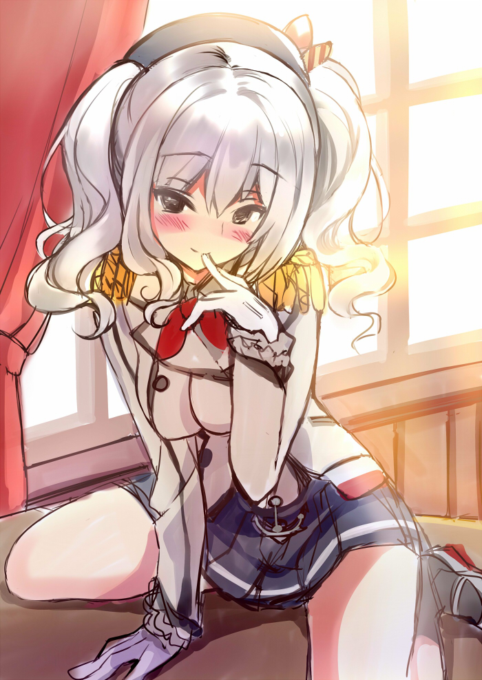 1girl arm_support ascot bangs beret black_eyes blush epaulettes finger_to_mouth frilled_sleeves frills gloves hairband hat kantai_collection kashima_(kantai_collection) long_hair looking_at_viewer military_jacket miniskirt pleated_skirt rei_(rei's_room) seductive_smile sidelocks silver_hair sitting sketch skirt smile solo sunlight tsurime twintails uniform wariza wavy_hair white_gloves