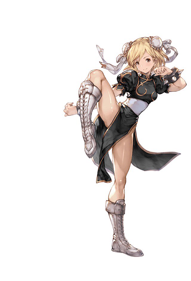 1girl bare_legs black_dress blonde_hair boots bracelet brown_eyes china_dress chinese_clothes chun-li chun-li_(cosplay) cosplay cross-laced_footwear djeeta_(granblue_fantasy) double_bun dress eyeshadow fighting_stance flexible full_body game_cg gita_(granblue_fantasy) granblue_fantasy high_collar jewelry lace-up_boots leg_up legs makeup minaba_hideo no_legwear official_art pelvic_curtain puffy_short_sleeves puffy_sleeves ribbon sash see-through shiny shiny_skin short_hair short_sleeves side_slit simple_background smile solo spiked_bracelet spikes standing standing_on_one_leg street_fighter transparent_background white_background white_boots white_ribbon