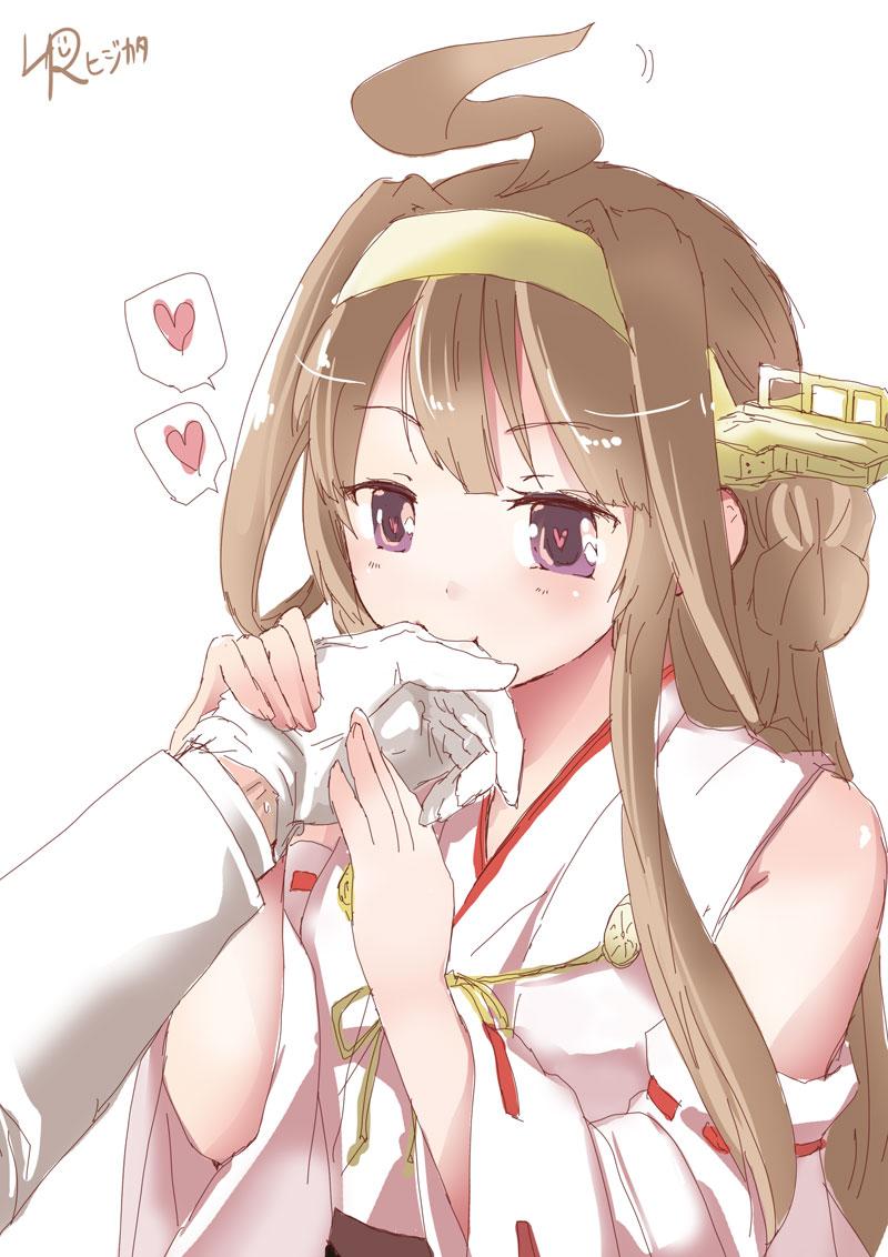 1boy 1girl admiral_(kantai_collection) ahoge artist_name bare_shoulders biting_hand brown_hair commentary_request detached_sleeves double_bun gloves hairband hand_holding heart heart-shaped_pupils japanese_clothes kantai_collection kongou_(kantai_collection) long_hair lr_hijikata nontraditional_miko spoken_heart symbol-shaped_pupils violet_eyes