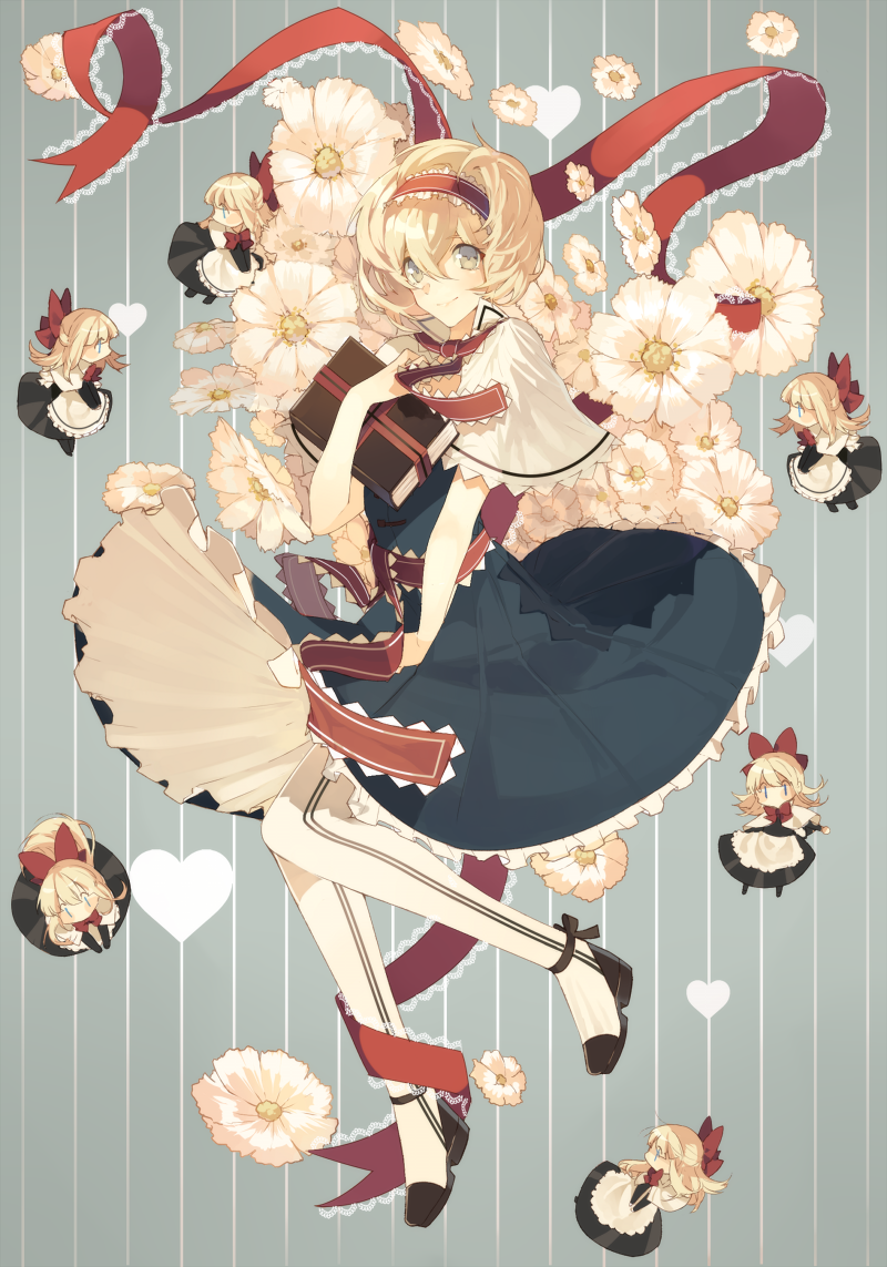 1girl alice_margatroid blonde_hair blue_eyes book bow capelet cats_brain dress flower green_eyes hairband lace lace-trimmed_ribbon long_hair looking_at_viewer pantyhose ribbon shanghai_doll short_hair smile solo touhou |_|