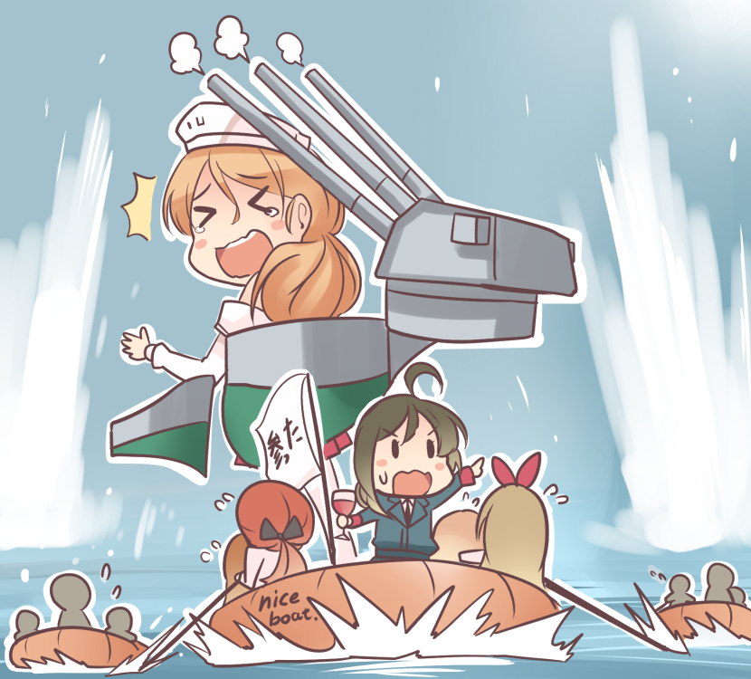 &gt;_&lt; 4girls 90mm_single_high-angle_gun_mount ahoge blush_stickers boat brown_hair closed_eyes commentary_request fairy_(kantai_collection) ido_(teketeke) inflatable_raft kantai_collection littorio_(kantai_collection) long_hair machinery multiple_girls oto_152mm_triple_rapid_fire_gun_mount pleated_skirt skirt sweat translation_request turret watercraft