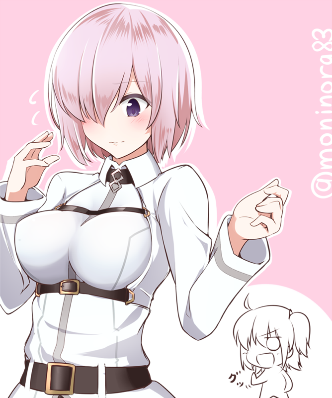 2girls breast_envy breasts fate/grand_order fate_(series) female_protagonist_(fate/grand_order) fujimaru_ritsuka_(female) hair_over_one_eye md5_mismatch moninora_(moninora83) multiple_girls pink_hair shielder_(fate/grand_order) source_request violet_eyes