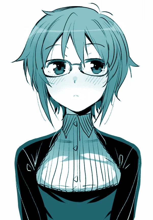 blush dress glasses monochrome nagato_yuki nagato_yuki-chan_no_shoushitsu puyo suzumiya_haruhi_no_shoushitsu suzumiya_haruhi_no_yuuutsu