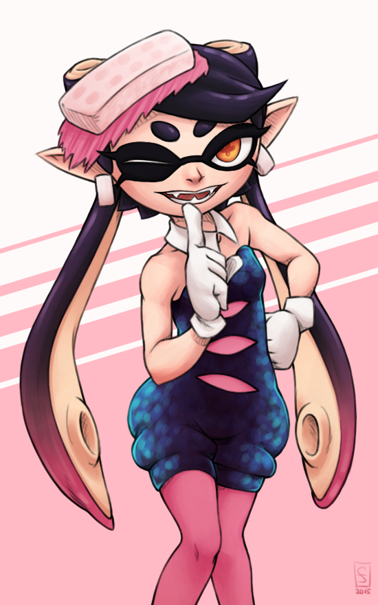 +_+ 1girl ;) aori_(splatoon) black_dress black_hair breasts cowboy_shot detached_collar dress earrings eyebrows fangs food food_on_head furin94 gloves hand_on_hip index_finger_raised jewelry object_on_head one_eye_closed orange_eyes pantyhose pink_legwear pointy_ears short_jumpsuit small_breasts smile solo splatoon strapless strapless_dress tentacle_hair thick_eyebrows white_gloves