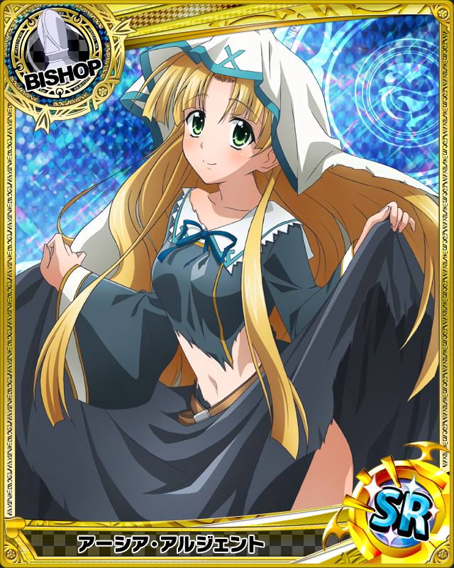 1girl asia_argento bishop_(chess) blonde_hair card_(medium) character_name chess_piece dress green_eyes high_school_dxd long_hair looking_at_viewer navel nun official_art smile solo torn_clothes torn_dress trading_card