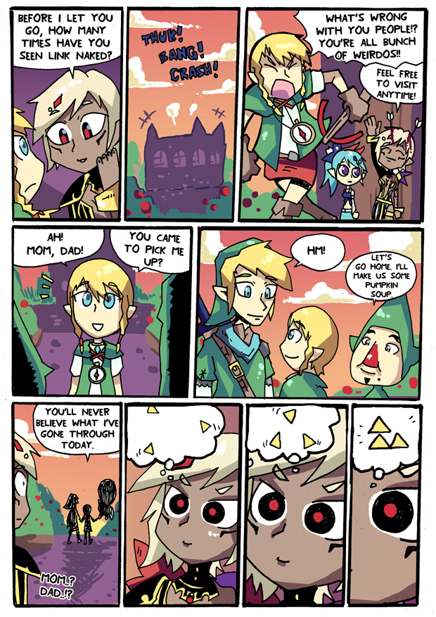 2boys 3girls arrow blonde_hair blood blue_eyes blue_hair bow_(weapon) castle cia_(zelda_musou) crossbow english lana_(zelda_musou) link linkle meme multiple_boys multiple_girls red_eyes red_nose setz the_legend_of_zelda tingle triforce violet_eyes weapon yellow_eyes zelda_musou