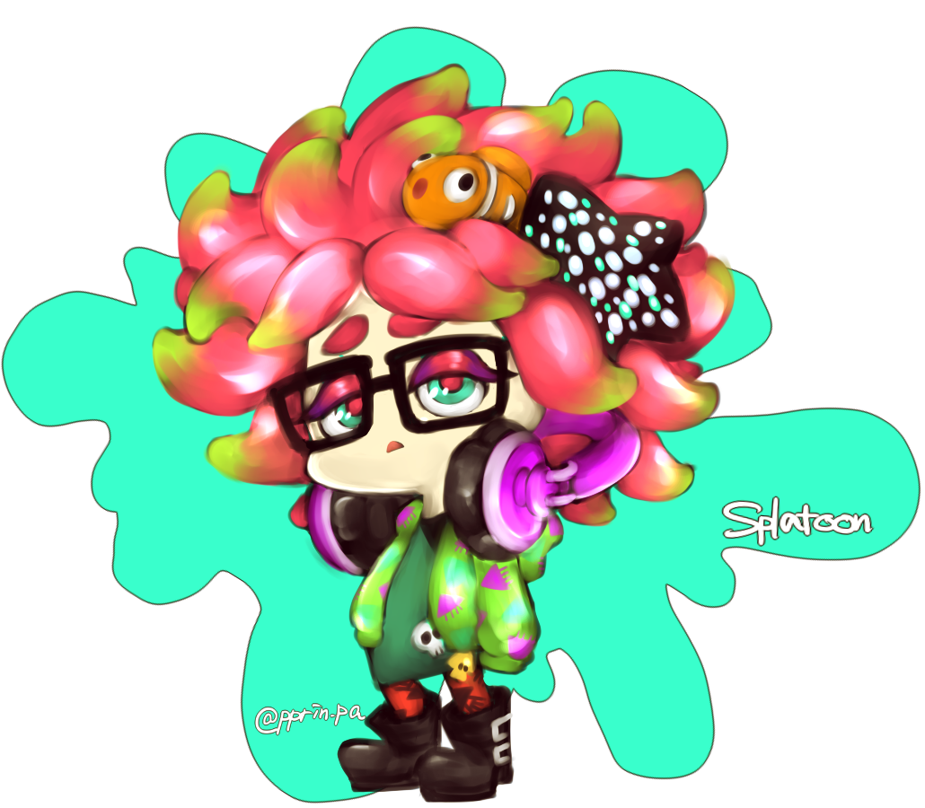 1girl anemo_(splatoon) animal_print black-framed_eyewear black-framed_glasses boots clownfish copyright_name dress eyeshadow fish full_body glasses green_eyes hair_ornament headphones headphones_around_neck hood hoodie kumano_(splatoon) looking_at_viewer makeup otani_(kota12ro08) paint_splatter pantyhose parted_lips pink_hair short_hair solo splatoon standing star star_hair_ornament tentacle_hair transparent_background twitter_username