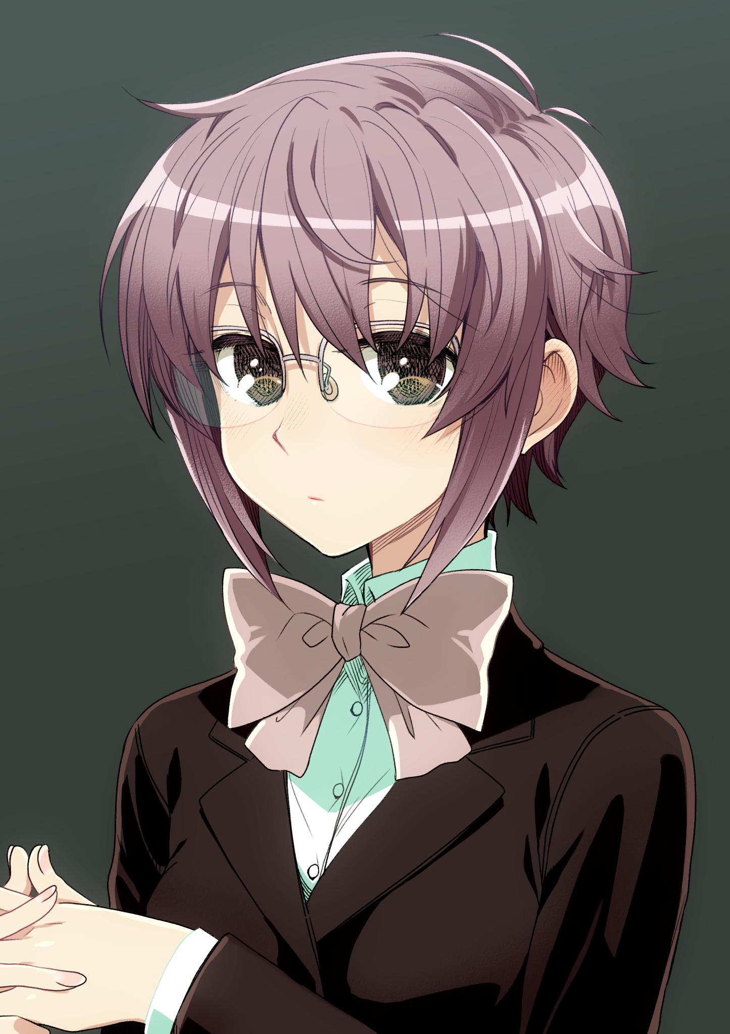 1girl alternate_costume alternate_uniform brown_eyes expressionless glasses hands_clasped highres nagato_yuki purple_hair puyo suzumiya_haruhi_no_shoushitsu suzumiya_haruhi_no_yuuutsu