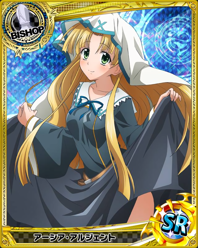 1girl asia_argento bishop_(chess) blonde_hair card_(medium) character_name chess_piece green_eyes high_school_dxd long_hair looking_at_viewer nun official_art smile solo trading_card very_long_hair