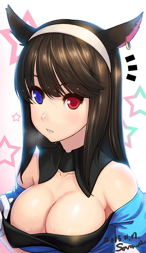 1girl animal_ears bangs bare_shoulders black_hair blue_eyes blush breasts cat_ears cleavage collarbone dated detached_collar detached_sleeves earrings ecell eyebrows eyebrows_visible_through_hair female final_fantasy final_fantasy_xiv gloves gradient gradient_background hairband hetero heterochromia highres jewelry large_breasts long_hair looking_at_viewer miqo'te neck parted_lips red_eyes signature solo star starry_background straight_hair sweat upper_body wet wet_hair white_gloves