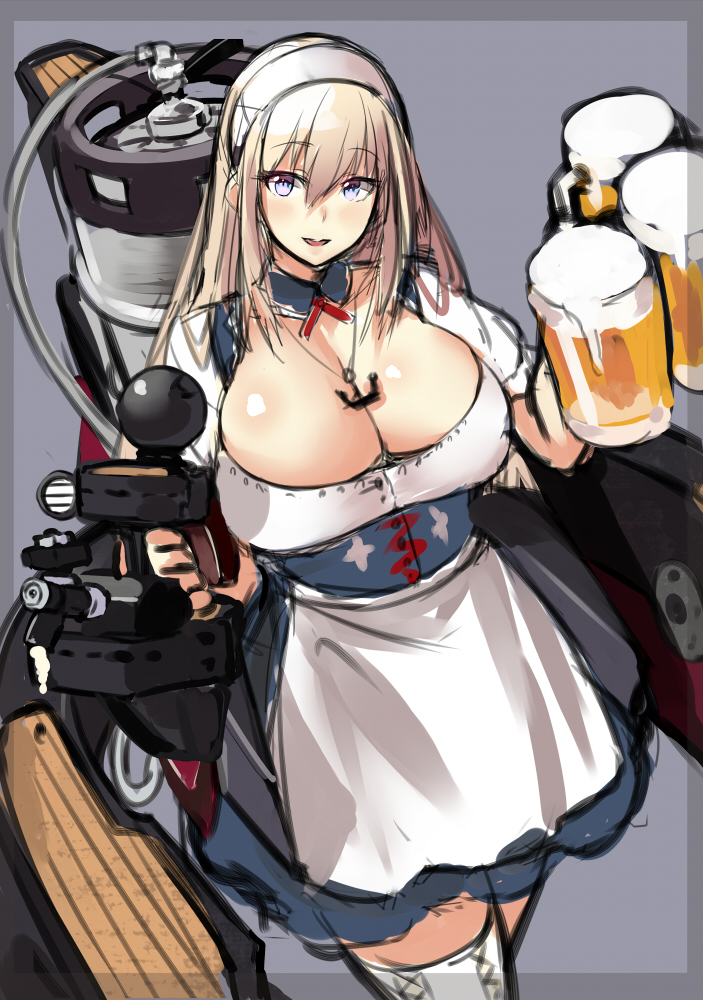 1girl alcohol alternate_costume anchor beer beer_mug bismarck_(kantai_collection) blonde_hair blush breasts cleavage cleavage_cutout dirndl dress female german_clothes hairband huge_breasts kantai_collection large_breasts long_hair looking_at_viewer mecha_musume oktoberfest open_mouth pink_eyes smile solo thigh-highs tray wamwam zettai_ryouiki