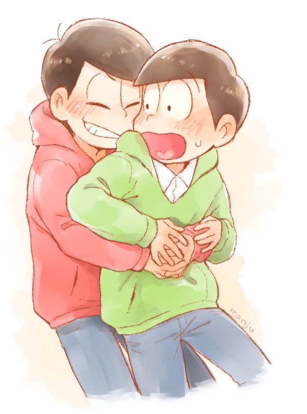 2boys artist_name bowl_cut brothers brown_hair closed_eyes cowboy_shot denim heart heart_in_mouth hood hoodie hug hug_from_behind jeans male_focus matsuno_choromatsu matsuno_osomatsu monaka_(hinapipipi) multiple_boys osomatsu-kun osomatsu-san pants siblings simple_background smile sweatdrop white_background