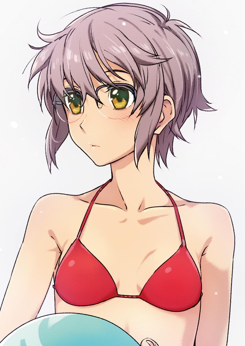 1girl ball beachball bikini blush breasts brown_eyes glasses nagato_yuki nagato_yuki-chan_no_shoushitsu purple_hair puyo small_breasts solo suzumiya_haruhi_no_shoushitsu suzumiya_haruhi_no_yuuutsu swimsuit