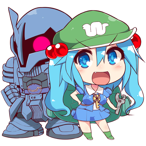 1girl blue_eyes blue_hair chibi crossover gundam gundam_ms_igloo hat kawashiro_nitori kuresento mecha touhou wrench zudah