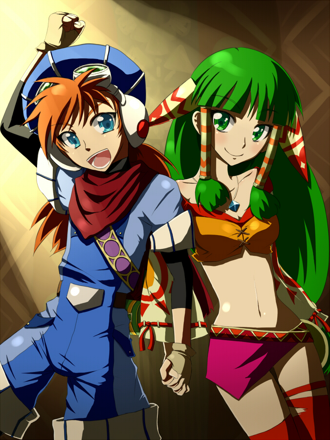 &gt;:) 1boy 1girl feena_(grandia) grandia grandia_i green_eyes green_hair hair_ornament hair_tubes jewelry justin_(grandia) kadomaki_shinnosuke long_hair low-tied_long_hair midriff necklace tied_hair wide_sleeves