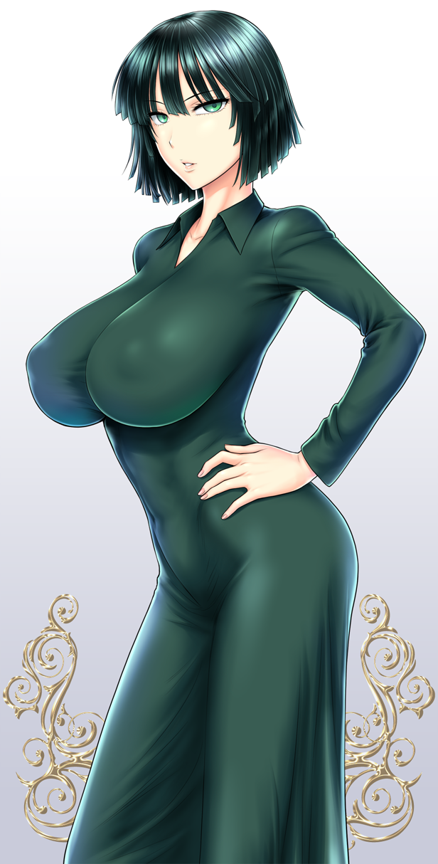 1girl bangs black_hair breasts clothed_navel covered_navel dress erect_nipples female fubuki_(one-punch_man) green_dress green_eyes hand_on_hip highres huge_breasts long_sleeves looking_at_viewer one-punch_man pose solo st.germain-sal taut_clothes taut_dress toned wide_hips