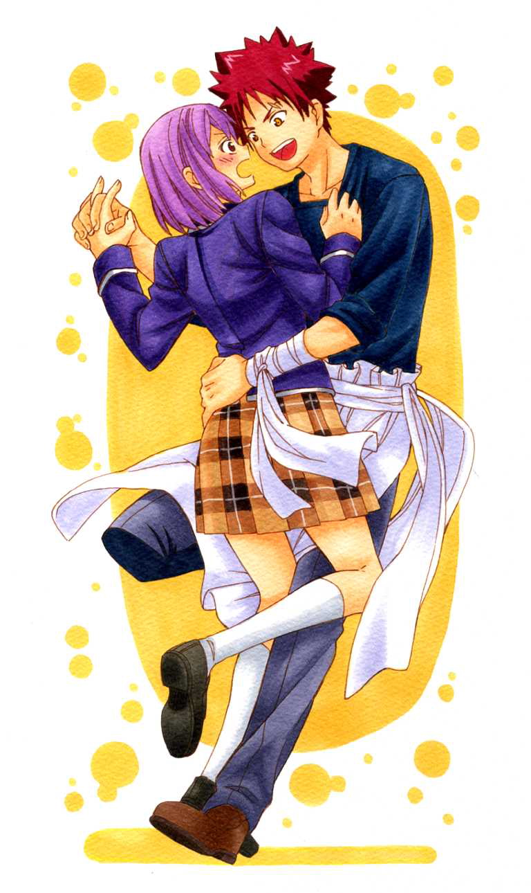 1boy 1girl :d apron arato_hisako arm_around_waist artist_request blazer blush brown_skirt couple embarrassed eye_contact full_body hand_holding hand_on_another's_hip hug incipient_kiss legs long_sleeves looking_at_another open_mouth pants purple_hair red_eyes redhead scar school_uniform shoes shokugeki_no_souma short_hair shy skirt smile socks spiky_hair standing surprised yellow_eyes yukihira_souma