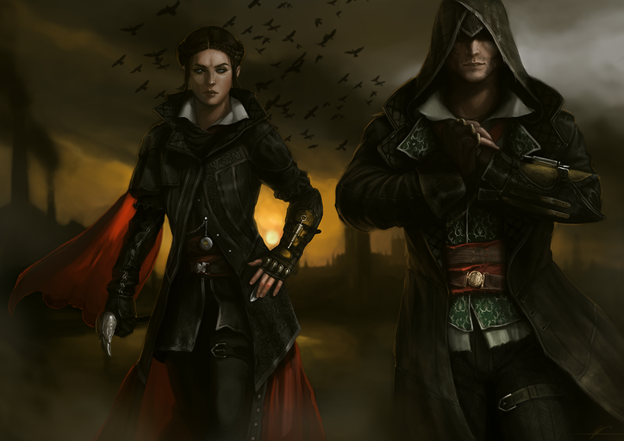 1boy 1girl animal assassin's_creed assassin's_creed_(series) belt bird brother_and_sister cane cape evie_frye hood jacob_frye siblings sky standing sun weapon