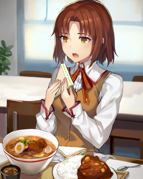 1girl bow bowl bowtie brown_hair chair curry curry_rice fate/stay_night fate_(series) female food highres holding mitsuzuri_ayako momoko_(momopoco) noodles open_mouth ramen sandwich school_uniform short_hair sitting solo spoon table vest yellow_eyes