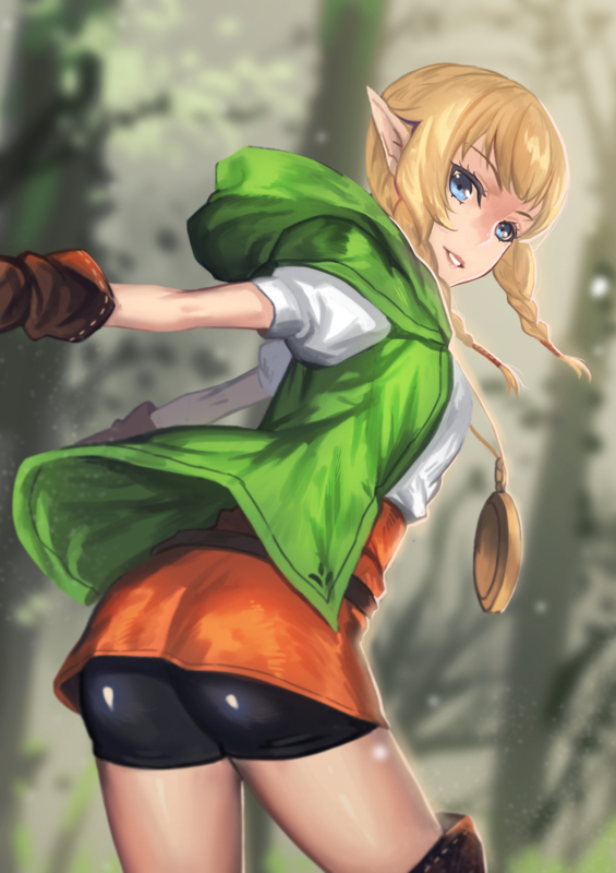 1girl ass bike_shorts blue_eyes blush boots braid colored_eyelashes deras gloves leather leather_boots leather_gloves linkle looking_at_viewer pointy_ears smile solo the_legend_of_zelda thigh-highs thigh_boots twin_braids zelda_musou zettai_ryouiki