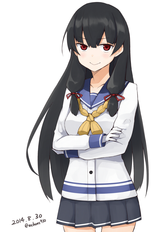 1girl :&gt; black_hair collarbone cowboy_shot crossed_arms dated gloves hair_ribbon isokaze_(kantai_collection) kantai_collection long_hair long_sleeves pleated_skirt red_eyes ribbon sailor_collar school_uniform serafuku skirt sui_(tsuruhibiki) twitter_username white_background