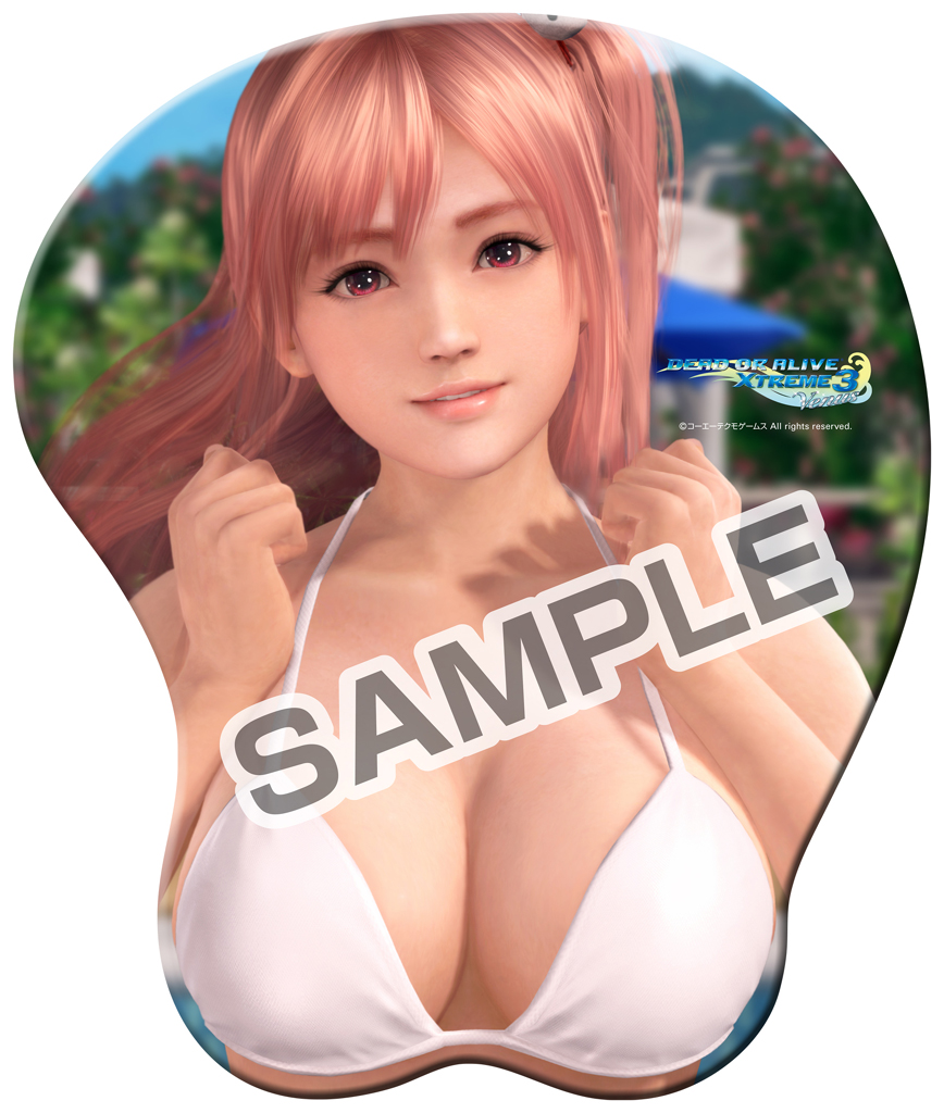 1girl 3d bikini breasts dead_or_alive dead_or_alive_5 dead_or_alive_xtreme_3_fortune dead_or_alive_xtreme_beach_volleyball honoka_(doa) mousepad outdoors pink_hair red_eyes solo swimsuit