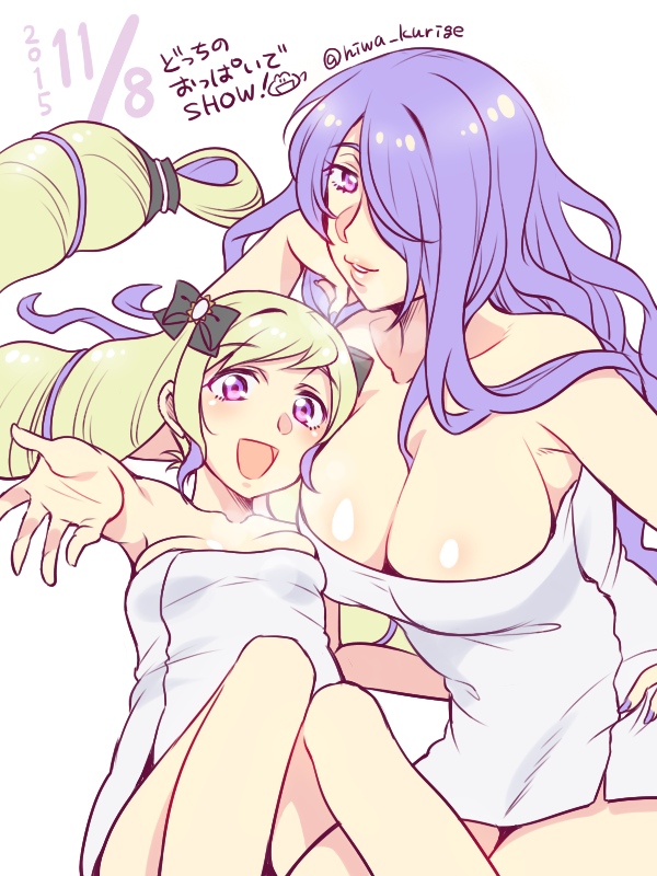 2girls bare_shoulders blonde_hair bow breasts camilla_(fire_emblem_if) cleavage elise_(fire_emblem_if) fire_emblem fire_emblem_if hair_bow hair_over_one_eye hand_on_hip hand_on_own_face hiwa_kurige large_breasts lips long_hair looking_at_viewer lying multiple_girls naked_towel on_back open_mouth parted_lips purple_hair reaching siblings sisters sitting small_breasts smile towel twintails violet_eyes